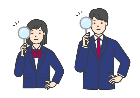 虫眼鏡を持つ制服姿の学生のイラスト素材 虫眼鏡,検索,発見,チェック,確認,観察,調査,比較,女子高生,男子高生のイラスト素材