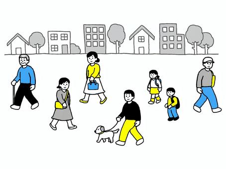 街並みと人物イラスト 人物,外出,住宅街,街並み,男性,女性,子供,徒歩,シニア,老人のイラスト素材