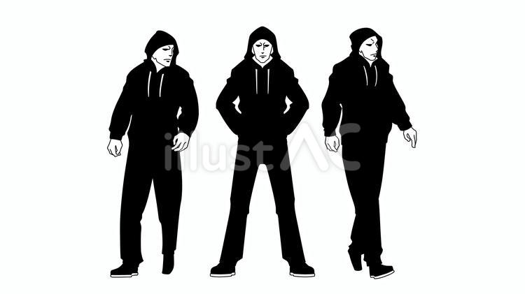 フードを被った怪しい3人組の男たち 不審者,男,人物のイラスト素材