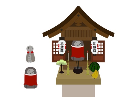 地蔵堂と地蔵セット（主線なし） 地蔵盆,地蔵,地蔵堂,和,伝統,文化,お供え物,提灯,前垂れ,信仰のイラスト素材