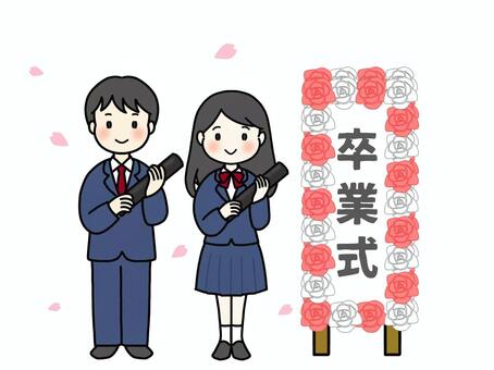 中高生の卒業式と花飾りの看板(制服あり) 卒業式,卒業,高校,中学校,中学生,高校生,男女,生徒,制服,行事のイラスト素材