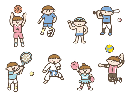 スポーツ・クラブ・習い事をする子ども達 スポーツ,習い事,クラブ,チーム,バスケット,サッカー,野球,テニス,空手,チアダンスのイラスト素材