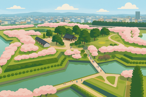 星形の城郭と春の彩り　函館五稜郭公園の桜 五稜郭公園,五稜郭,桜,桜並木,函館,北海道,春,季節,城郭,星形のイラスト素材