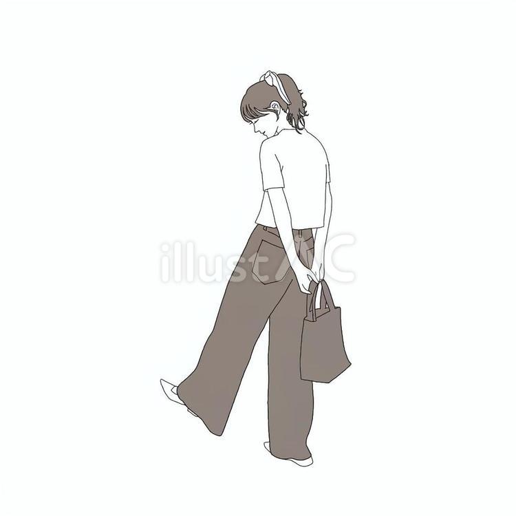 女性　シルエット　線画 女性,ポニーテール,鞄のイラスト素材