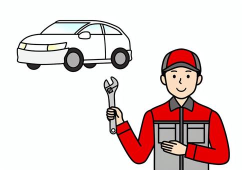 車検・点検をした車と自動車整備士の男性 車,自動車,車検,点検,メンテナンス,レンチ,工具,資格,仕事,自動車整備士のイラスト素材