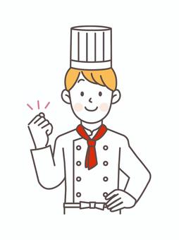 腰に手を当ててガッツポーズする男性コック パティシエ,コック,料理人,厨房,スタッフ,調理スタッフ,パティシエール,男性,人物,洋菓子屋のイラスト素材