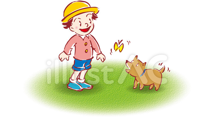 子供と犬 子供,犬,ちょうちょのイラスト素材