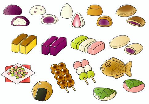 和菓子イラストセット 和菓子,食べ物,お菓子,おはぎ,大福,苺大福,饅頭,どら焼き,柏餅,ういろうのイラスト素材