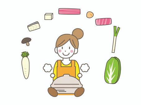 鍋を持つ女性と食材 鍋,冬,ホカホカ,食材,大根,きのこ,しいたけ,タラ,白身魚,魚のイラスト素材