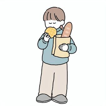 パン屋さんでパンを買う パン,パン屋,ベーカリー,食べ物,メロンパン,女の子,バケット,買い物,食べ歩き,食べるのイラスト素材