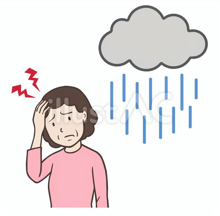 雨の日頭痛の中年女性、低気圧頭痛、天気痛 頭痛,偏頭痛,気圧のイラスト素材