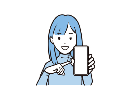 スマホを指差す笑顔のニットセーターの女性 スマホ,スマートフォン,ol,ニット,セーター,カジュアル,冬服,秋,携帯電話,モバイルのイラスト素材