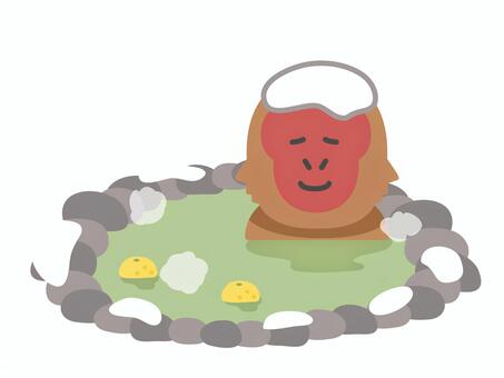 温泉に入ってリラックスしている猿 サル,猿,温泉,露天風呂,お風呂,湯けむり,湯気,雪,冬,柚子のイラスト素材