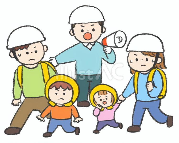 避難する家族と案内する職員 避難,災害,防災のイラスト素材