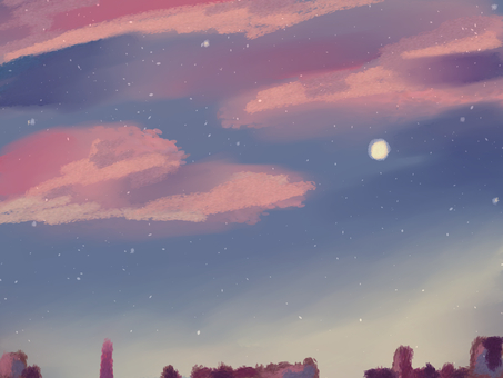 手書き風マジックアワー背景 背景,夕方,夜,マジックアワー,夕焼け,夜景,ビル,星,月,オシャレのイラスト素材