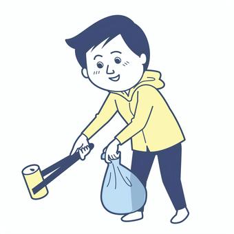 ゴミ拾いをする男性1_淡色版 ゴミ拾い,清掃,ゴミ,掃除,地域,ボランティア,空き缶,トング,ゴミ袋,クリーンのイラスト素材
