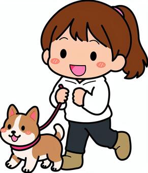 白の犬の散歩の女子です。 犬,散歩,シンプル,ペット,飼い主,リード,首輪,屋外,運動,歩行のイラスト素材