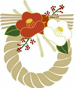 年賀状紅白椿のお正月のしめ縄飾りイラスト しめ縄,しめ飾り,リース,椿,お正月,正月飾り,新年,迎春,南天,ナチュラルのイラスト素材