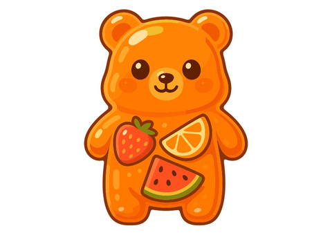 フルーツゼリーベアのイラスト くま,ゼリーベア,フルーツ,イチゴ,オレンジ,スイカ,グミ,お菓子,キャラクター,かわいいのイラスト素材