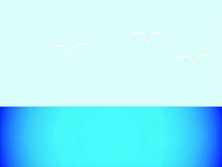青い海と空を飛ぶ白い鳥の風景イラスト 海,空,鳥,青,水平線,シンプル,自然,風景,夏,癒しのイラスト素材