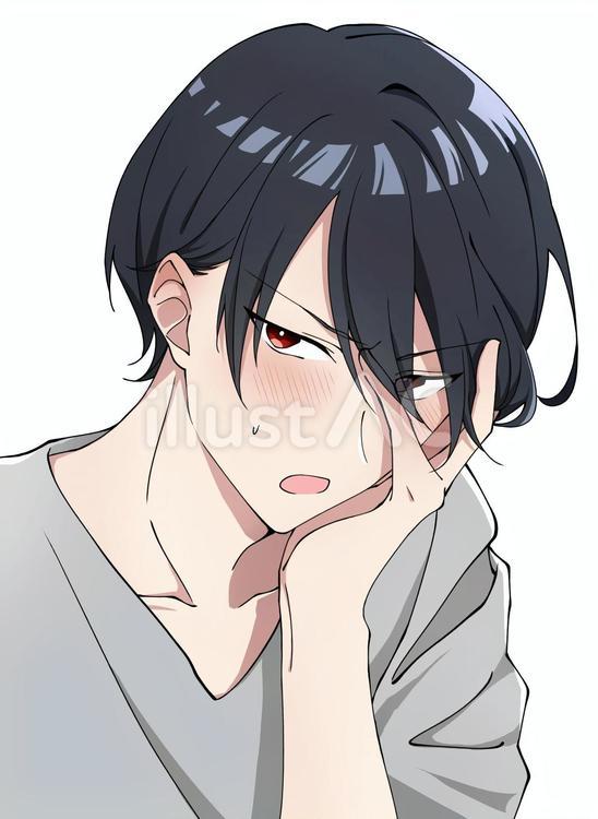 照れる黒髪赤目美青年(困るver) 照れる,困る,黒髪のイラスト素材