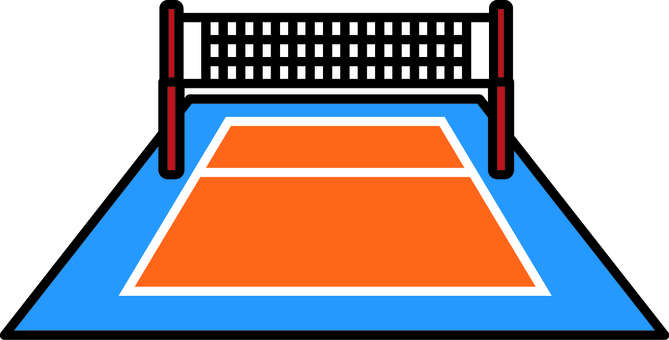 オレンジと青のバレーボールコートです。 バレーボール,シンプル,コート,体育館,競技場,スポーツ,運動,白線,競技,球技のイラスト素材