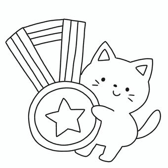 メダルと猫 メダル,猫,運動会,おめでとう,優勝,動物,白黒,モノトーン,塗り絵,可愛いのイラスト素材