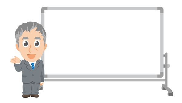 白板傍で手で促す年配ビジネスマンのSD② 先生,教師,教員,指導員,スーツ,仕事着,ビジネス,会社,社会人,促すのイラスト素材
