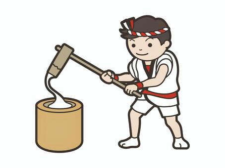 餅つきをする男性 餅つき,おもち,臼,杵,イベント,餅つき大会,法被,鉢巻,半股引,足袋のイラスト素材