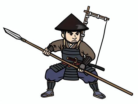 槍を構える足軽-1 足軽,槍,構え,戦う,合戦,陣笠,胴鎧,兵士,武士,武将のイラスト素材