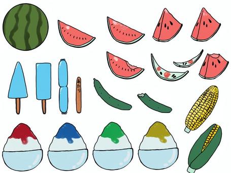 夏の食べ物セット 夏,食べ物,スイカ,アイス,かき氷,食べる,冷たい,ひんやり,暑い,きゅうりのイラスト素材