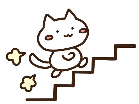 階段を登り努力しステップアップする白猫 階段,登る,駆け上がる,走る,ねこ,ダッシュ,急ぐ,レベル,アップ,成長のイラスト素材