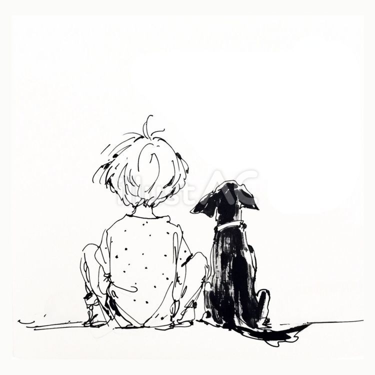 子どもと犬の背中姿のモノクロスケッチ 子ども,犬,背中のイラスト素材