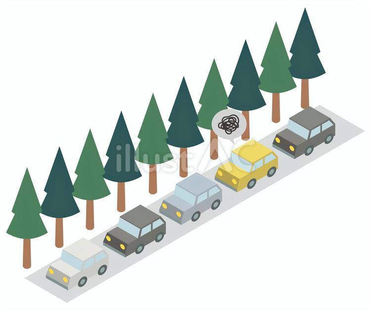 林道で渋滞中の車のアイソメイラスト アイソメトリック,アイソメ,車のイラスト素材