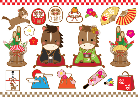 午年お正月セット 年賀状,正月,午年,うま,ウマ,午,新年,2026年,門松,鏡餅のイラスト素材