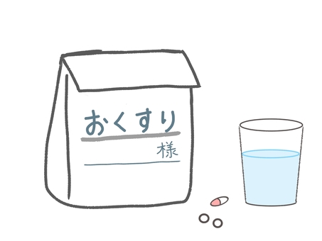 おくすりとコップ2 薬,コップ,手書き,水,錠剤,水色,袋,ゆるい,病院,薬局のイラスト素材