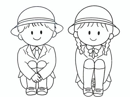 幼稚園児男女　ブレザー　三角座り　線のみ 幼稚園,園児,子供,制服,ブレザー,冬服,男の子,女の子,三角座り,体操座りのイラスト素材