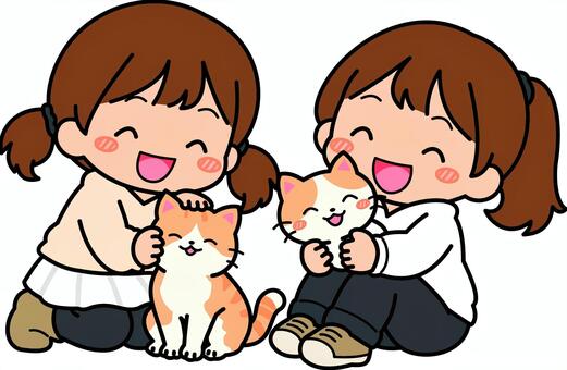 白の猫好きの人たちです。 猫,女子,シンプル,子供,動物,猫好き,ペット,仲良し,ほのぼの,白のイラスト素材