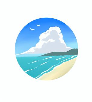 海アイコン 海,アイコン,丸,波打ち際,浜辺,入道雲,シンプル,手描きのイラスト素材