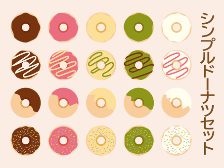 シンプルドーナツセット ドーナツ,スイーツ,焼き菓子,お菓子,カラースプレー,チョコレート,ストロベリー,ホワイトチョコレート,抹茶,チョコスプレーのイラスト素材