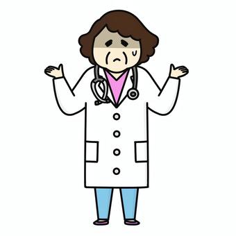 困っている中年女性医師 女医,白衣,医者,困った,医療,お手上げ,おばさん,汗,焦る,困るのイラスト素材