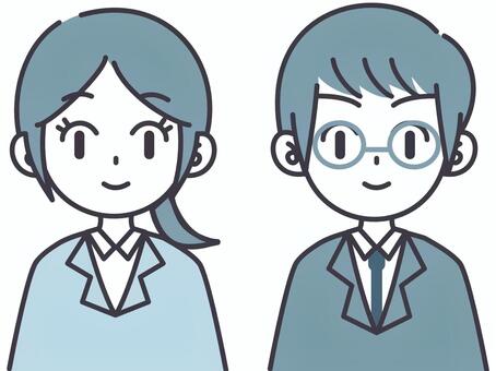 【そのまま使える】二色の就活生 人物,2人組,男性,女性,目線,笑顔,バストアップ,メガネ,ポニーテール,正面のイラスト素材