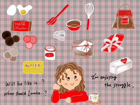 バレンタインに悩むガール 女の子,女性,お菓子作り,手作りチョコ,材料,ラッピング,プレゼントのイラスト素材