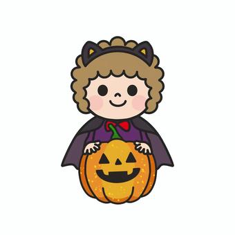 ハロウィンかぼちゃとコスプレした子ども1 ハロウィン,猫耳,コスプレ,マント,ジャックオランタン,橙,オレンジ,10月,行事,季節のイラスト素材