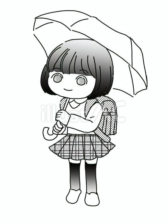 傘をさす小学生（モノクロ） 傘,ランドセル,小学生のイラスト素材