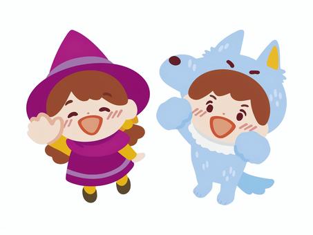 お菓子を貰いに来た子どもたち（塗り）