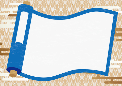 青色の和風の巻物の背景素材 和風,和柄,巻物,紙吹雪,雲,白紙,背景のイラスト素材