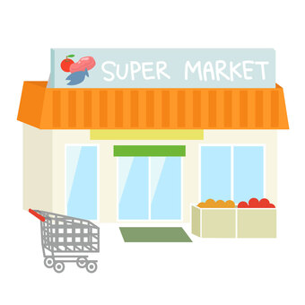 スーパーマーケットの建物(立体) スーパー,マーケット,スーパーマーケット,ストア,お店,ショップ,ショッピング,立体,３d,カートのイラスト素材