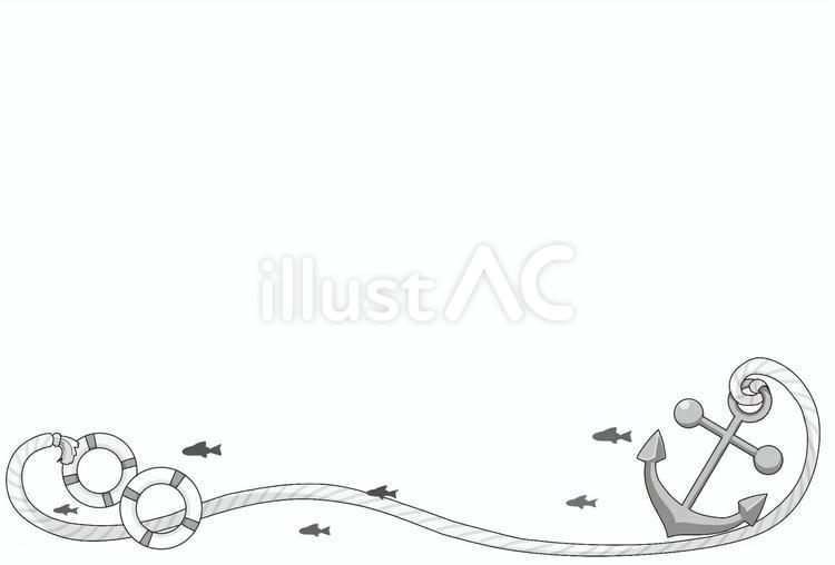 イカリと浮き輪と魚影のマリンフレーム白黒 イカリ,錨,碇のイラスト素材