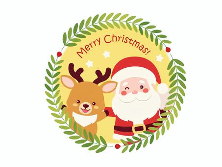 サンタとトナカイのアイコン/メリクリ サンタ,トナカイ,ハッピーホリデー,ベクター,ボタニカル,サンタクロース,サンタさん,おじいさん,葉,フレームのイラスト素材